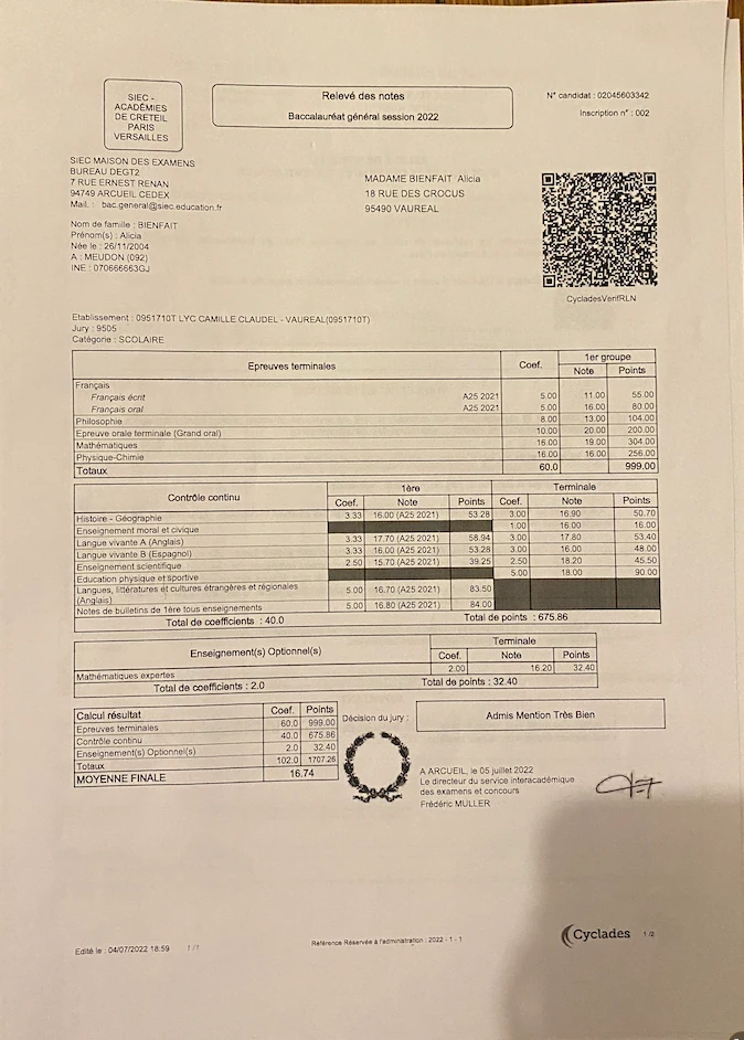 Un bulletin de notes d’un étudiant du Reset Étudiant™