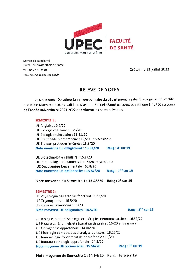 Un bulletin de notes d’un étudiant du Reset Étudiant™