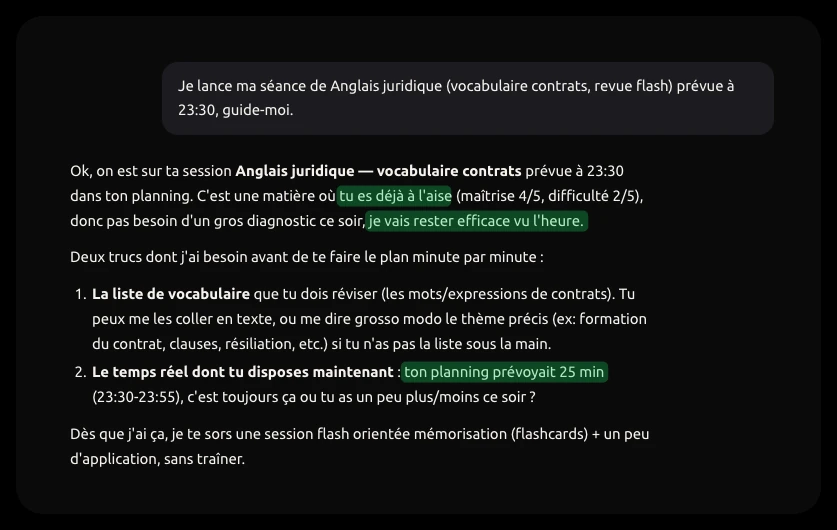 Le copilote reprend la matière, le niveau de maîtrise et le créneau de 25 minutes de l’étudiant avant de lui proposer un plan