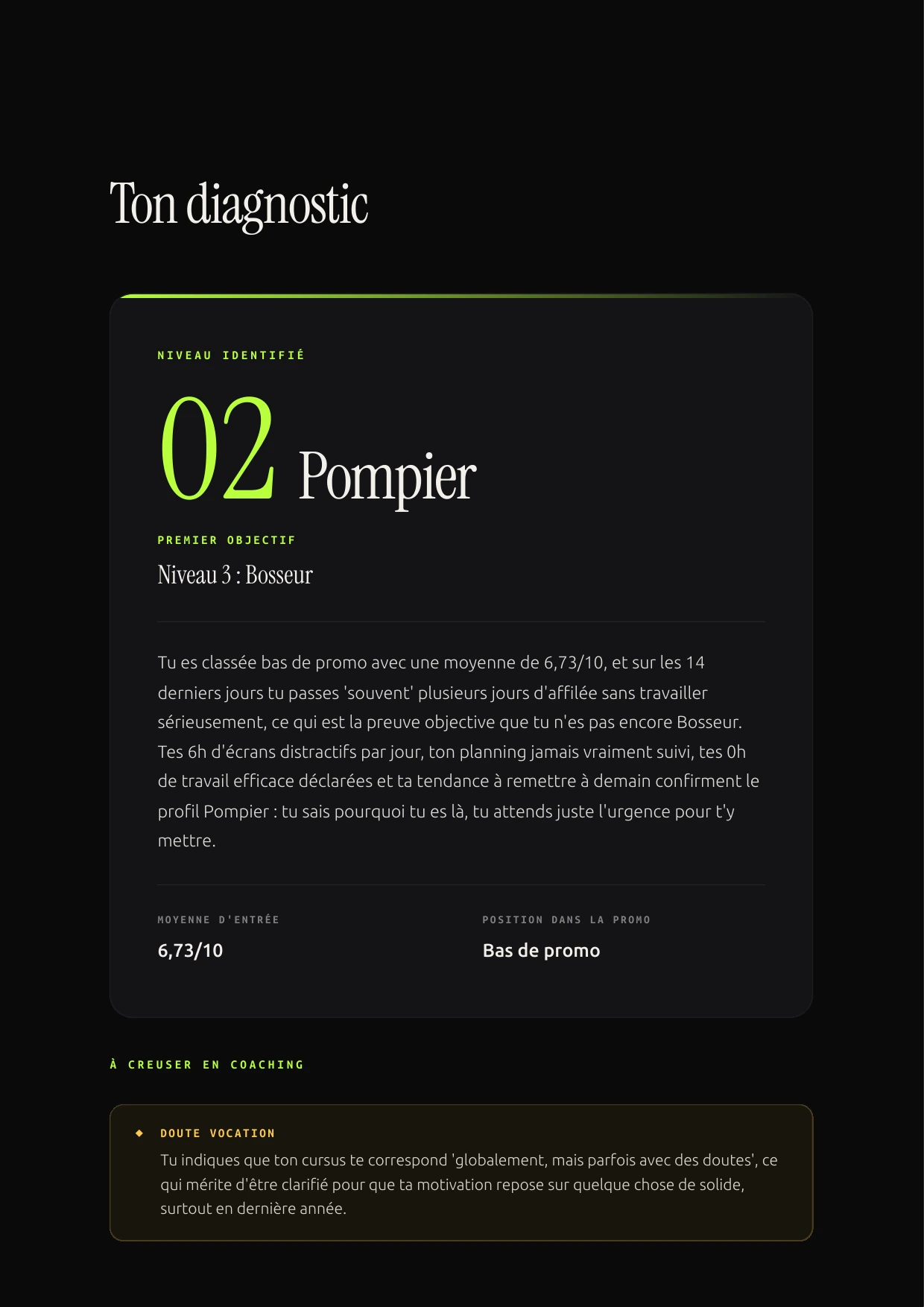 La page de diagnostic du plan personnalisé, données de l’étudiante floutées