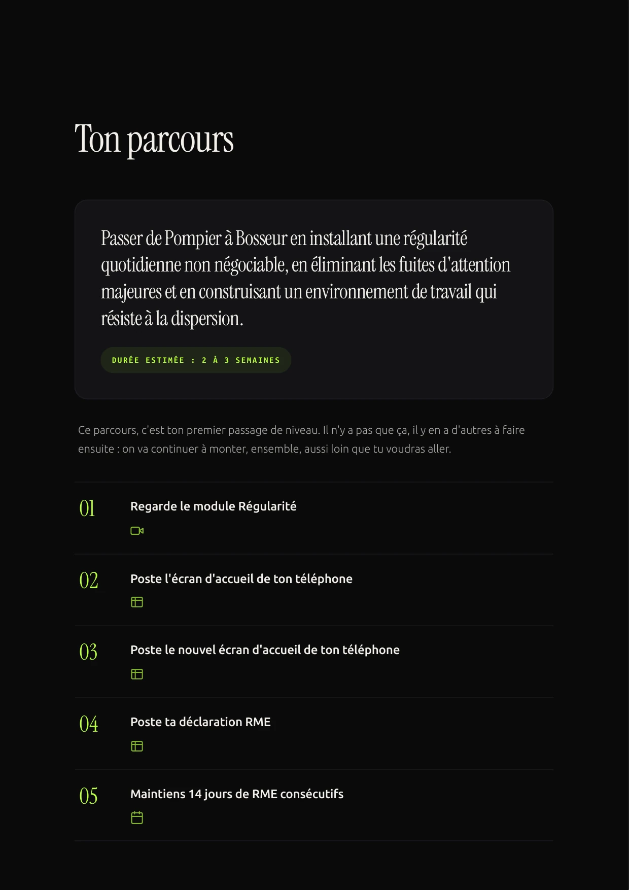La page du parcours en sept étapes du plan personnalisé, corps du texte flouté